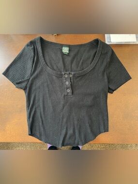 Black Ribbed Short Sleeve Henley Top XXS